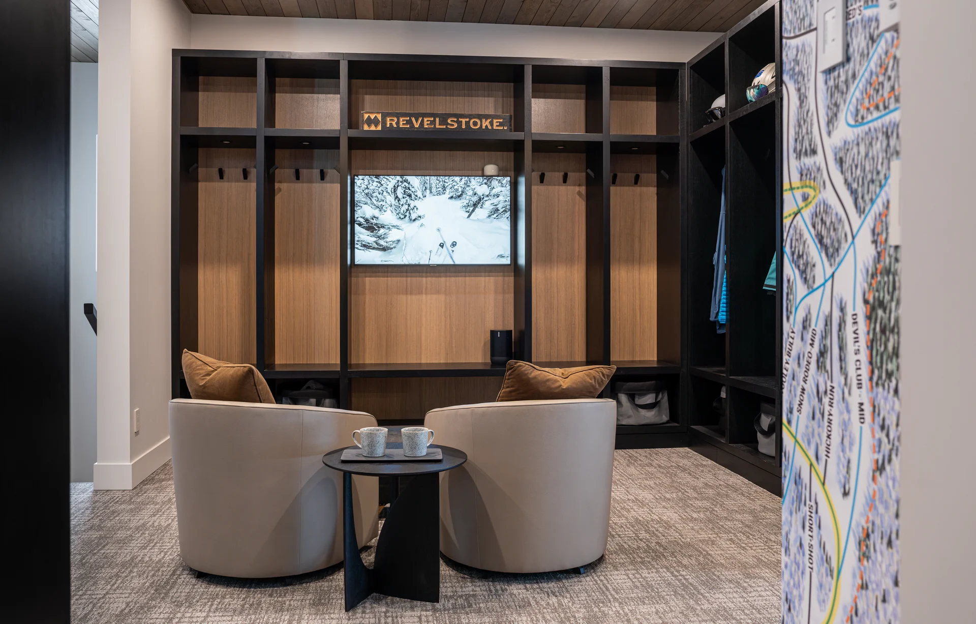 The Boot Room ski storage and seating area