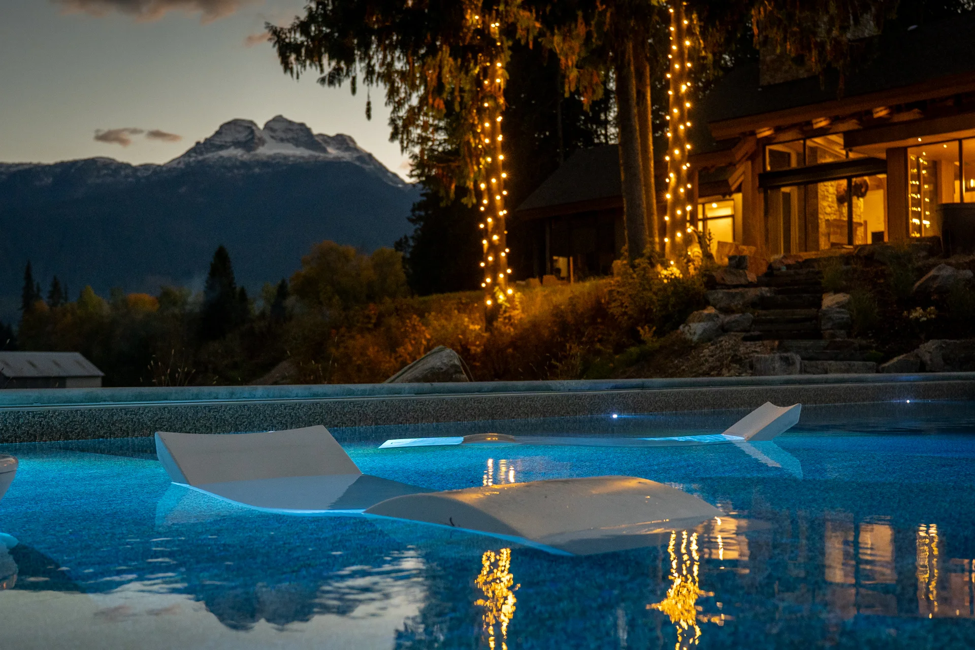 Evening view from the Pool Area across Williamson Lake to the mountains