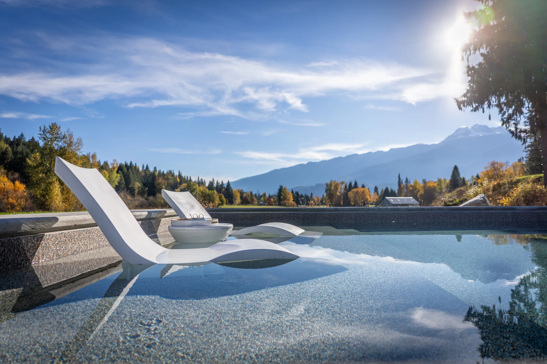 In-pool loungers on the tanning ledge with mountain views